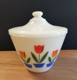Rare Fire King Tulip Grease Bowl 5 1/2 " X 5 1/2 " With Lid /