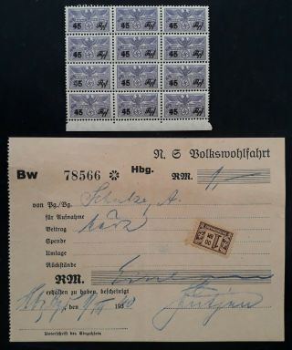 Rare 1940 - Germany Welfare Card And Block Of Worker 