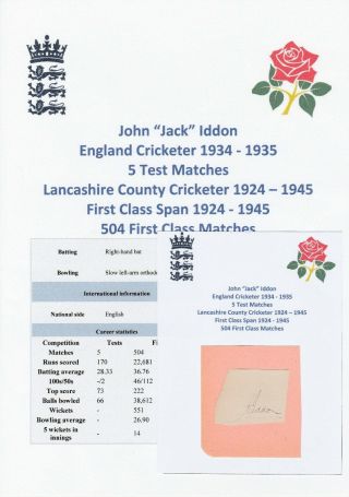 Jack Iddon England Test Cricketer 1934 - 1935 Very Rare Autograph Cutting
