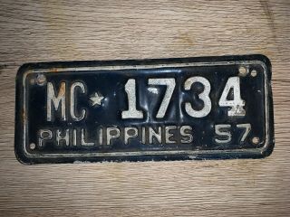 1957 Philippines Motorcycle License Plate Very Rare In Good Shape