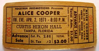 Alice Cooper,  Concert Ticket,  1971,  Heavy Metal,  Glam Rock,  Rare,  Brown
