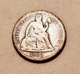 1863 - S Seated Liberty Dime - Rare Low Mintage Vg Coin