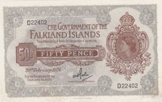50 Pence Vg - Fine Banknote From Falkland Islands 1974 Pick - 10 Rare
