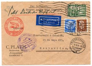 1934 Germany To Uruguay Zeppelin Commercial Cover,  Rare Color Cancels