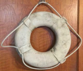 Rare Vtg White Canvas Life Preserver Ring W/rope Handles Maritime Buoy Life Save
