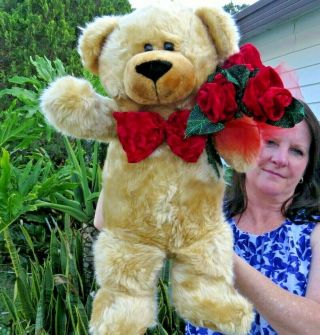 Vintage Rare Large Atico Teddy Bear W/bouquet Of Roses Plush Stuffed Animal Doll