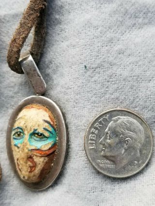 Rare Vintage Hand Carved Tribal Face Pendant Necklace G55 Silver Toztl Signed Ey