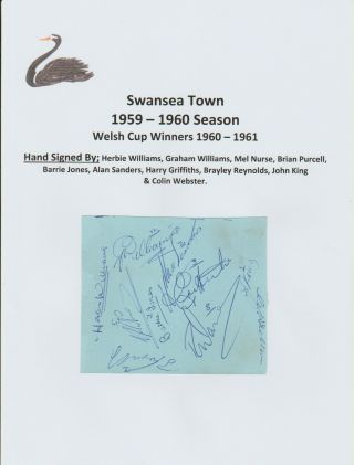 Swansea Town 1959 - 1960 Rare Autograph Book Page 10 X Signatures