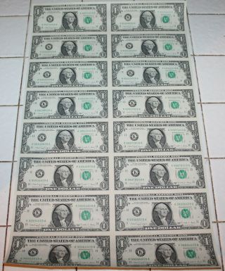 Rare 1988 $1 Dollar Uncut Sheet 16 Uncirculated Bills