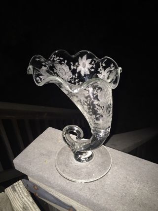 Stunning Cambridge Clear Glass Wildflower Etch Horn Cornucopia Vase Rare