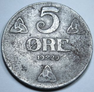 Norway 5 Ore 1920 Rare Key Date Low Mintage Currency Money Coin Norwegian