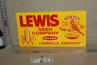 Rare 1950s Lewis Seed Company Tin Painted Sign Corn Farm Kentucky Gas Oil Bird