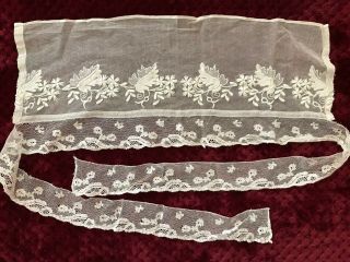 Rare Antique " Passe " Hand Embroidery On Tulle & Handmade Lace Edging