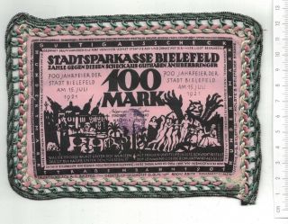 Jb German Notgeld Bielefeld 100 Mark On Pink Silk,  Edges Braided,  Rare