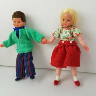 Caco Dollhouse Dolls Blonde Girl Brunette Boy West Germany 3.  5 " Rare Vintage