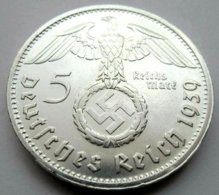 (78) Ultra Rare Wwii German 5 Mark - 1939 G - 90 Silver - Coin Big Swastika