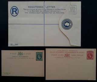 Rare 1901 - Straits Settlements 3 Stamped Registered Letter & Postcards