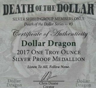 2017 Silver Shield DOLLAR DRAGON 1 oz.  Silver PROOF w/ in Air - Tite.  RARE 3