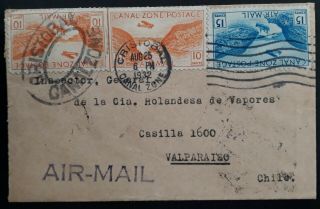 Rare 1932 Canal Zone Airmail Cover Ties 3 Stamps Canc Cristobal To Chile