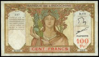 Tahiti French Polinesya 100 Francs Nd (1939 - 65) Fine Large Size Banknote Rare