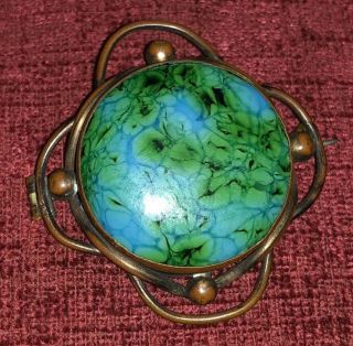 Victorian Antique Turquoise Enamel On Copper Arts And Crafts Brooch 40mm Rare