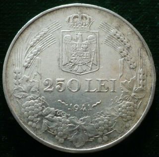 Rare Grade 1941 Kingdom Of Romania Mihai I,  250 Lei Silver Coin