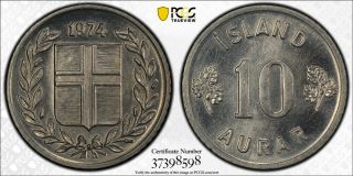 1974 Iceland 10 Aurar Pcgs Sp66 - Extremely Rare Kings Norton Proof