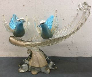 Rare Venetian Murano Pair Art Glass Bird Blue Gold Flecks 12”x9.  5” 1950s