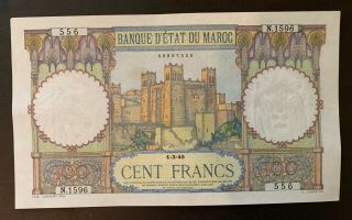 Morocco 100 Francs 1945 Banknote Unc Rare Grade