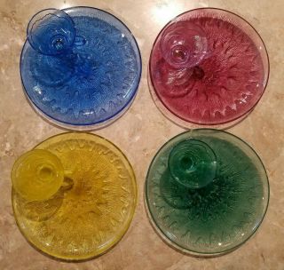 Rare Indiana Glass Sunburst Snack Set 4 Color Plates Cups Blue Yellow Green Pink