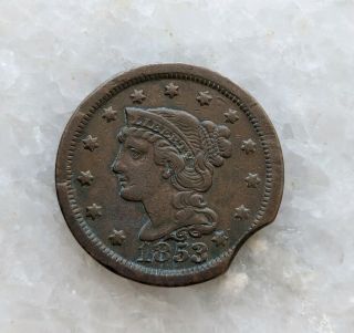 1853 Braided Hair Large Cent Clipped Planchet Error Rare