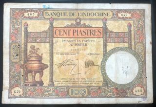 French Indochina P - 51b 100 Piastres 1927 - 1931 The Second Signature Rare Banknote