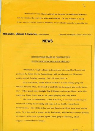 Ken Howard Quinn Martin Manhunter Rare 1973 Cbs Tv Press Material