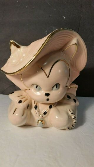 Cat In A Hat Gold Trim 1955 Hull Pottery 6 1/4 " Rare Kitten Planter 37