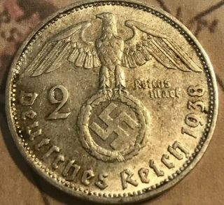 The Rare ‘38 - D Silver Eagle Large Germany Ww2 Coin Nazi German Old Antique Us