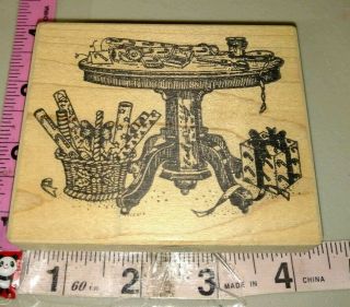 Table Full Of Wrapping Paper,  Santa Barbara,  Rare,  C35,  Rubber Stamp,  Wood