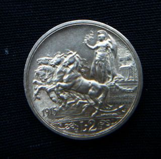 1915 Italy Kingdom Rare Silver Coin 2 Lire Unc Quadriga Briosa