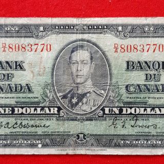 1937 - Canadian - 1 dollar bill - $1 Bank Note - DA8083770 - Osbourne - Rare 2