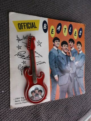Rare Color 1964 The Beatles Red Guitar Brooch Pin On Official Invicta Card