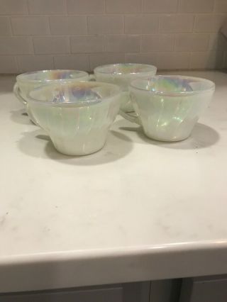 Rare Set Of (4) Anchor Hawking Fire King Aurora Shell White Opalescent Cups Mugs