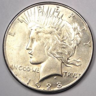 1928 - S Peace Silver Dollar $1 - Choice Au - Luster - Rare Date Coin