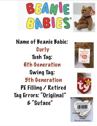 Beanie Babies Curly With Tag Errors Oriiginal & Suface Swing,  Vintage.  RARE 2