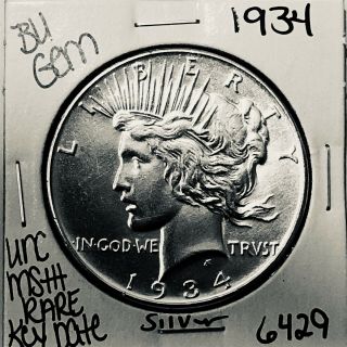 1934 Bu Gem Peace Silver Dollar Unc Ms,  U.  S.  Rare Key Coin 6429