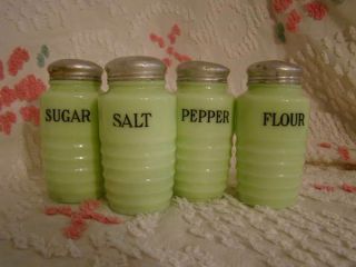 Rare Jeanette Glass Jadeite Ribbed Flour,  Sugar,  Salt & Pepper Shakers