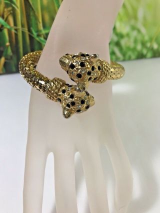 Rare Vintage Whiting & Davis Gold Plate Coil Leopard Cat Bracelet Ruby Eyes