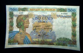 1942 France Large Banknote 500 Francs Xf,  Rare In