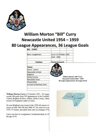 Bill Curry Newcastle United 1954 - 1959 Rare Football Autograph