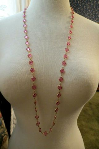 Pink Bezel Set Crystal Necklace Gold Plated Links 36 " Long 9mm Links Rare Color