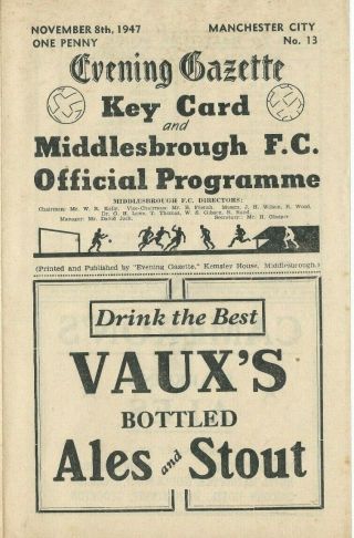 Rare Middlesbrough V Manchester City Prog 8/11/47 Div 1 1947/48 Ayresome Park
