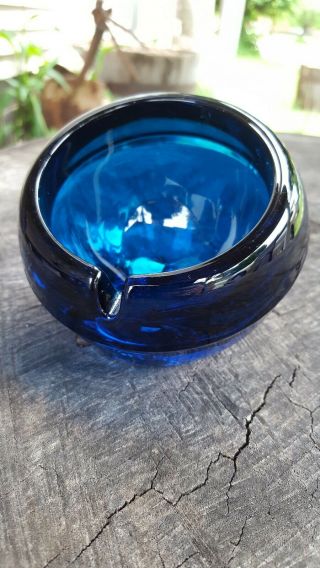 Midcentury Vtg Viking Art Glass Heavy Cobalt Blue Atomic Orb Ashtray Rare 1.  5lb